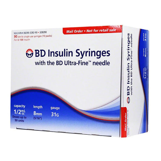 BD Ultra-Fine Short Needle Insulin Syringes - 31G 1/2cc 8mm (5/16") 90/BX