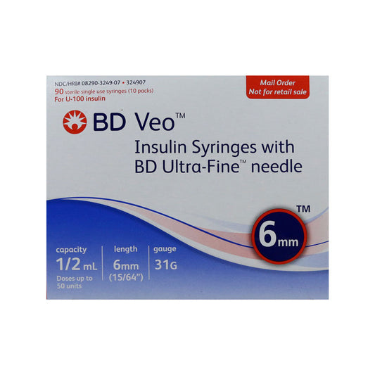 BD Veo Insulin Syringes - 31G 1/2cc 6mm (15/64") 90/BX