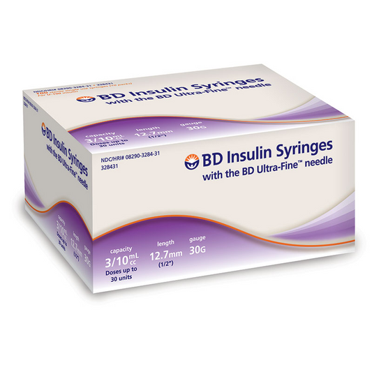 BD Embecta Insulin Syringes Ultra Fine Needle - 30G 3/10cc 1/2" - BX 100 (formerly BD)