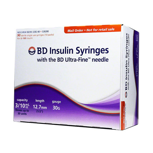 BD Ultra-Fine Insulin Syringes - 30G 3/10cc 12.7mm (1/2") 90/BX