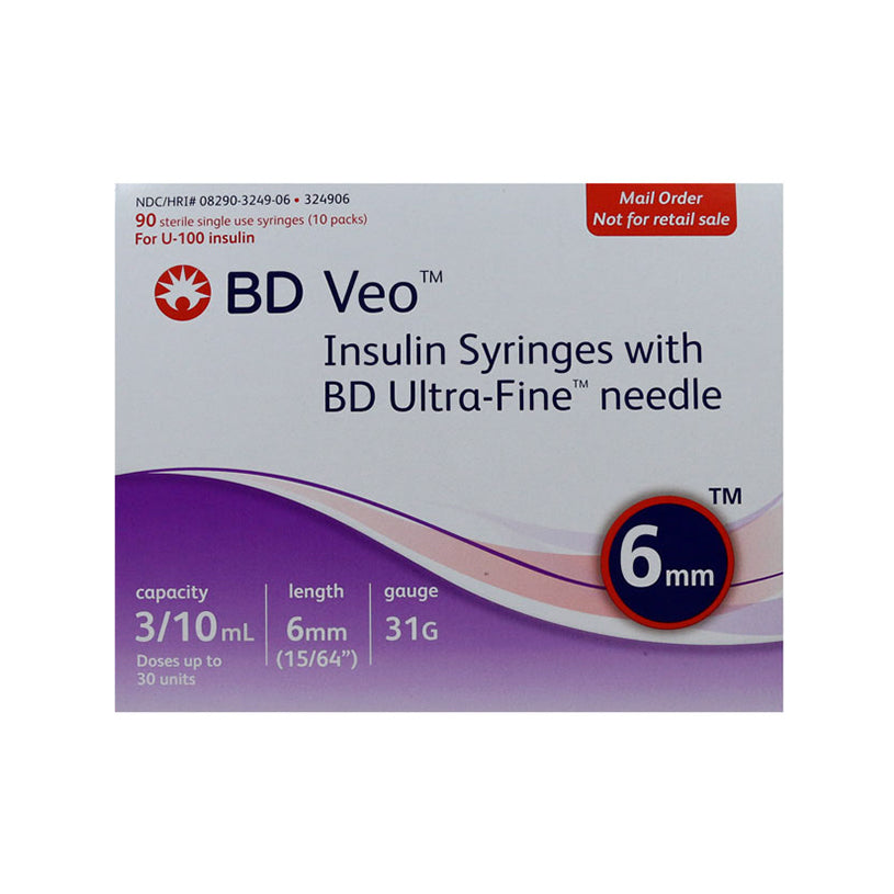 BD Veo Insulin Syringes - 31G 3/10cc 6mm (15/64") 90/BX